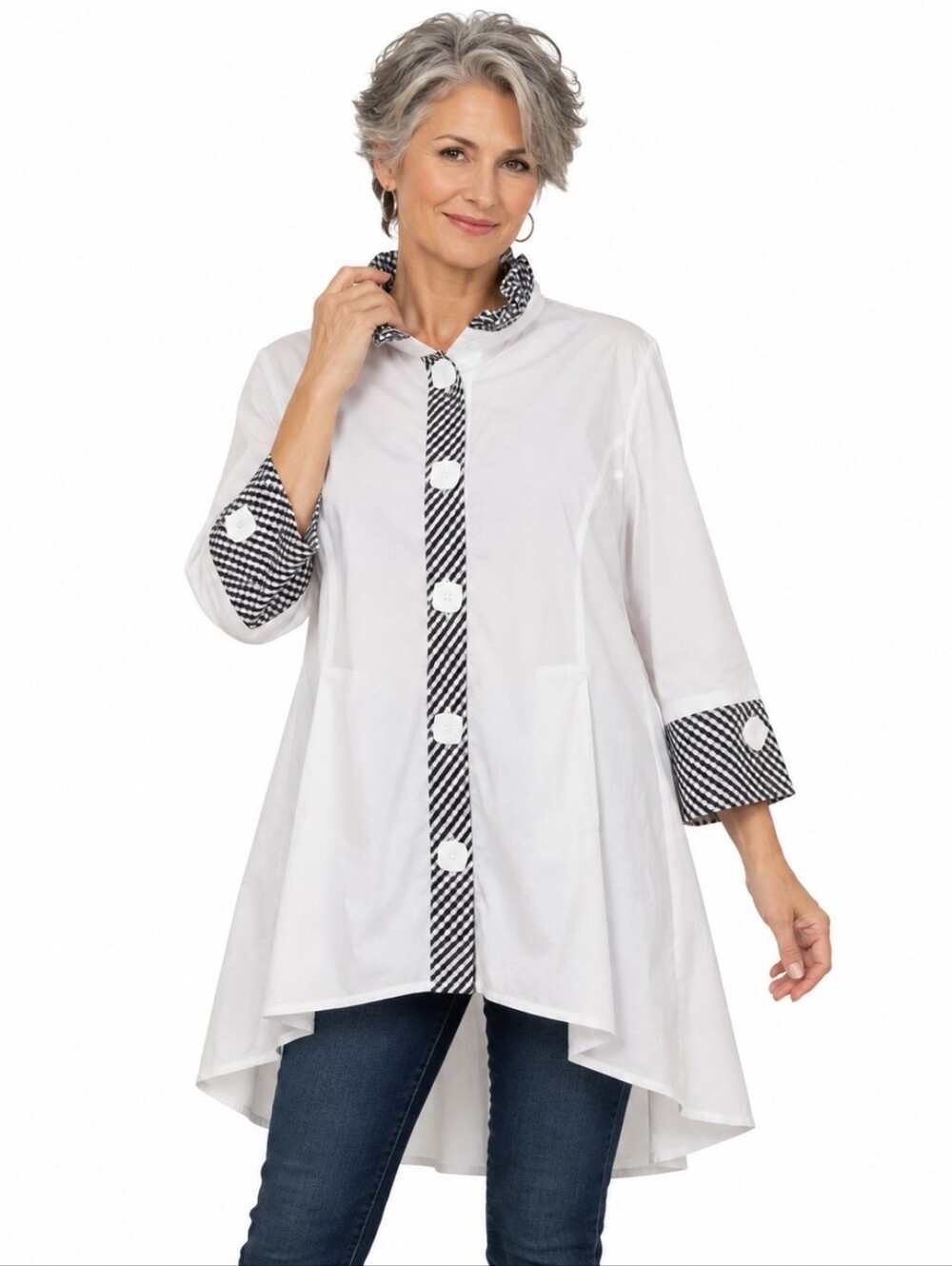 IC by Connie K Tunic XL White Black Gingham Button Front Asymmetrical Hem